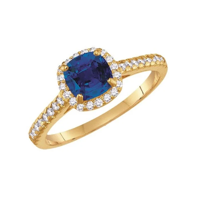 wave promise ring-6MM Cushion Blue Sapphire and White Sapphire Birthstone Ring in 10KT Yellow Gold