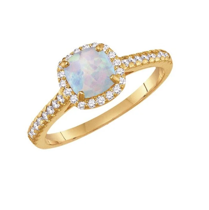 tendril leaf ring-6MM Cushion Opal and White Sapphire Birthstone Ring in 10KT Yellow Gold