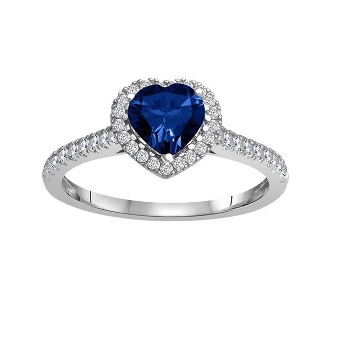 vine-themed ring-6MM Heart Shape Blue Sapphire and White Sapphire Birthstone Heart Ring in 10KT White Gold