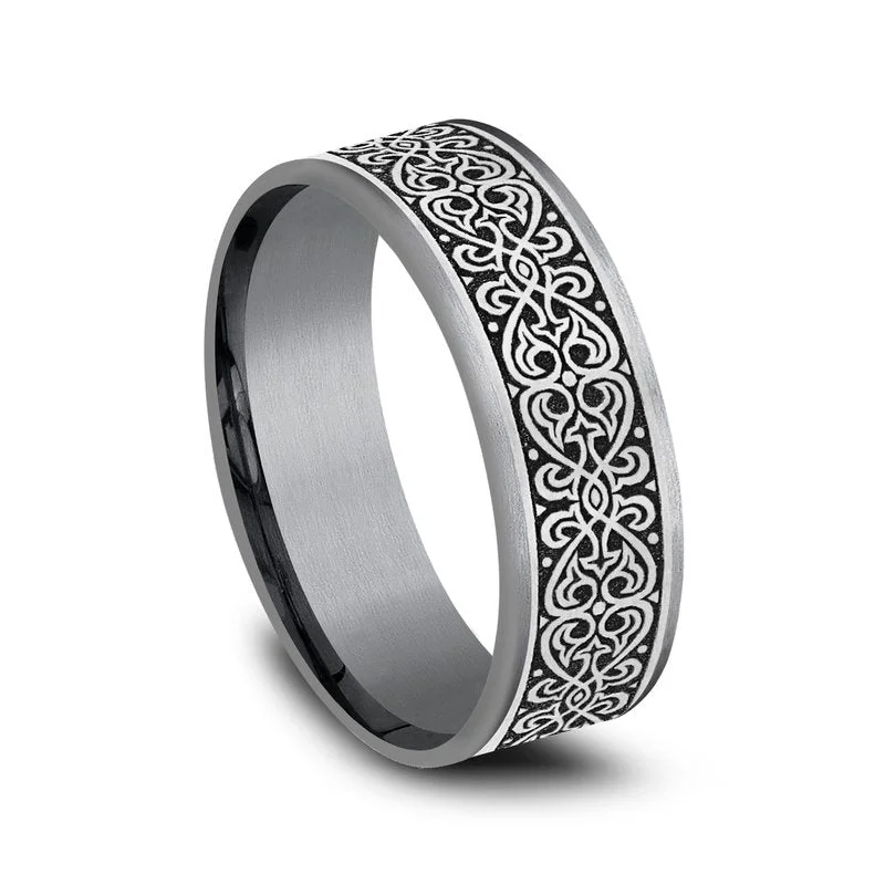 vine-themed ring-7.5mm Comfort fit Grey and Black Titanium and Tantalum Ottoman Knot Design