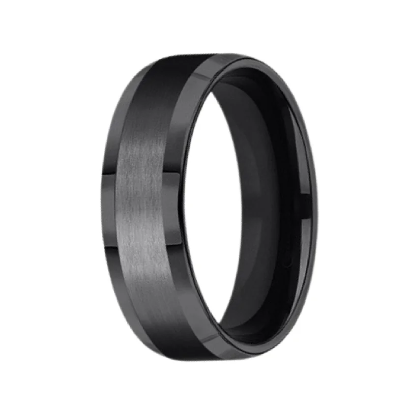 vine-themed stack ring-7mm Men's Benchmark Black Titanium Satin Center Beveled Polish Edge