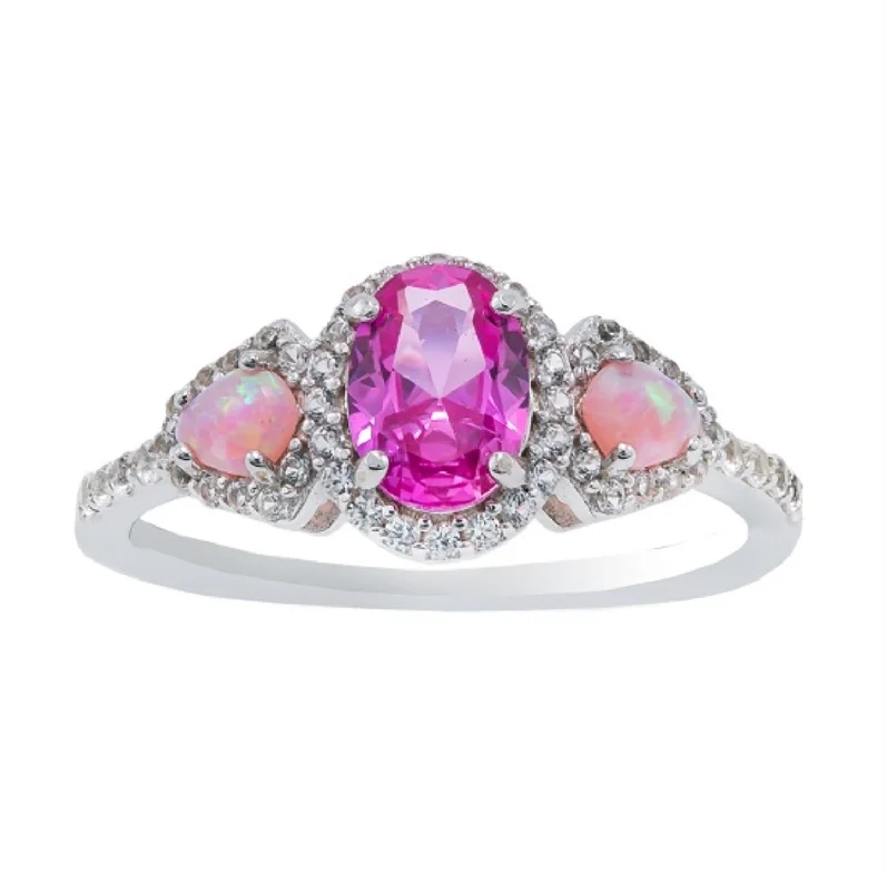 vine-inspired band ring-7X5MM Oval Pink Sapphire and Opal Three Stone Ring in Sterling Silver