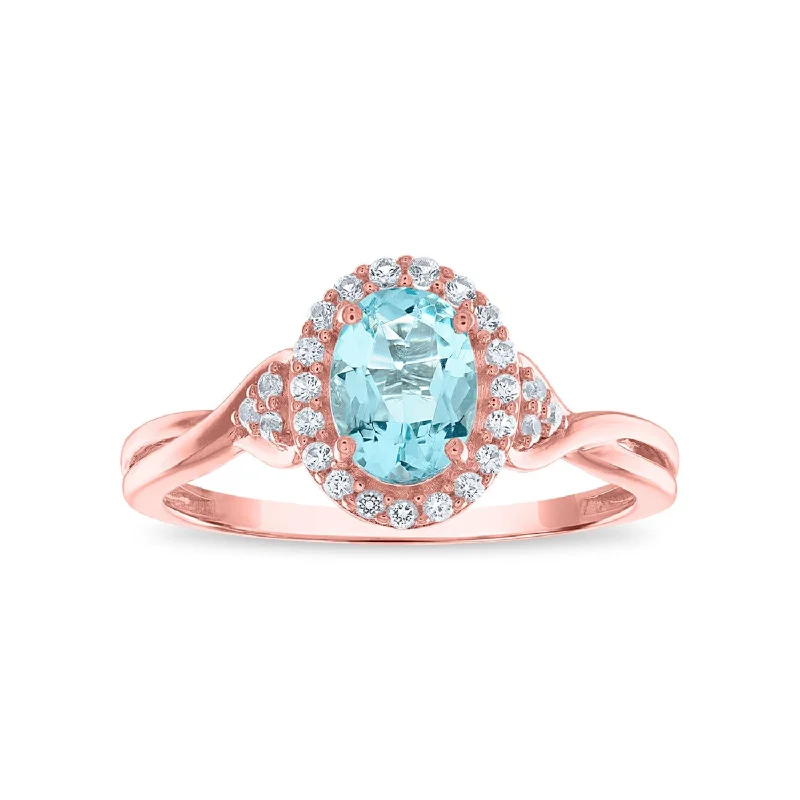 arched stacking ring-7X5MM Simulated Aquamarine and White Sapphire Ring in 10KT Rose Gold