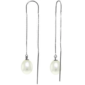 tendril engraved earrings-8 Carat 14K Solid White Gold Threaded Dangles Earrings Pearl