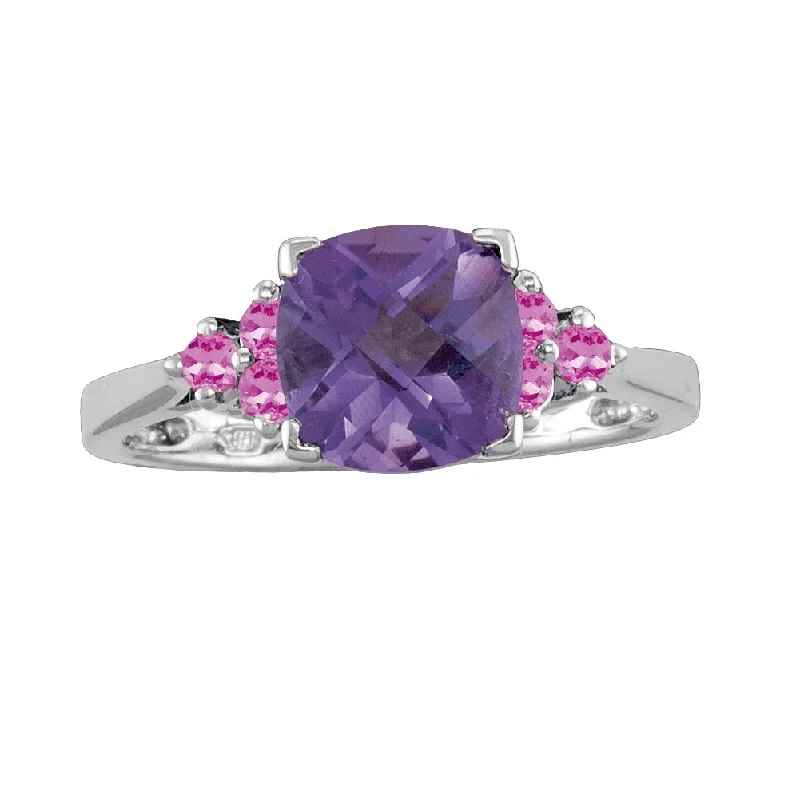 etched name ring-8MM Cushion Amethyst and Pink Sapphire Ring in Sterling Silver