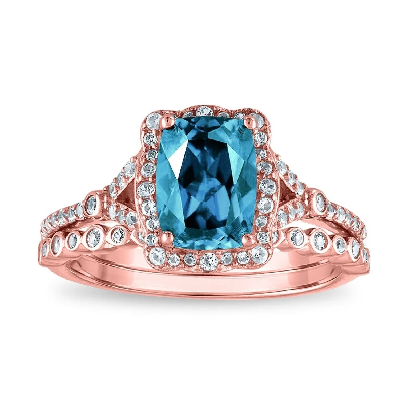 mini initial ring-8X6MM Cushion Blue Topaz and Diamond Bridal Set Ring in 10KT Rose Gold