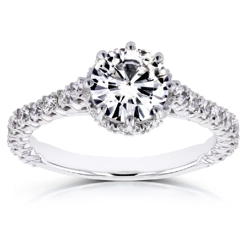 steel band ring-Annello by Kobelli 14k White Gold 8-prong 1 3/5ct TCW Forever One Moissanite and Diamond Engagement Ring