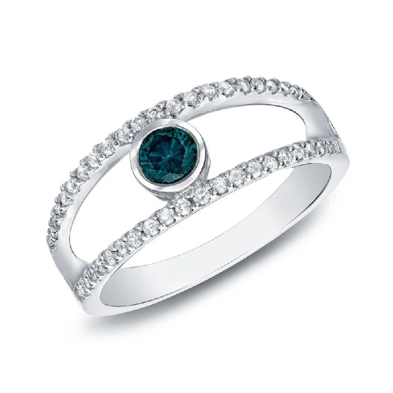 emerald step ring-Auriya 1/2ctw Split Shank Bezel Set Blue Diamond Ring 14k White Gold