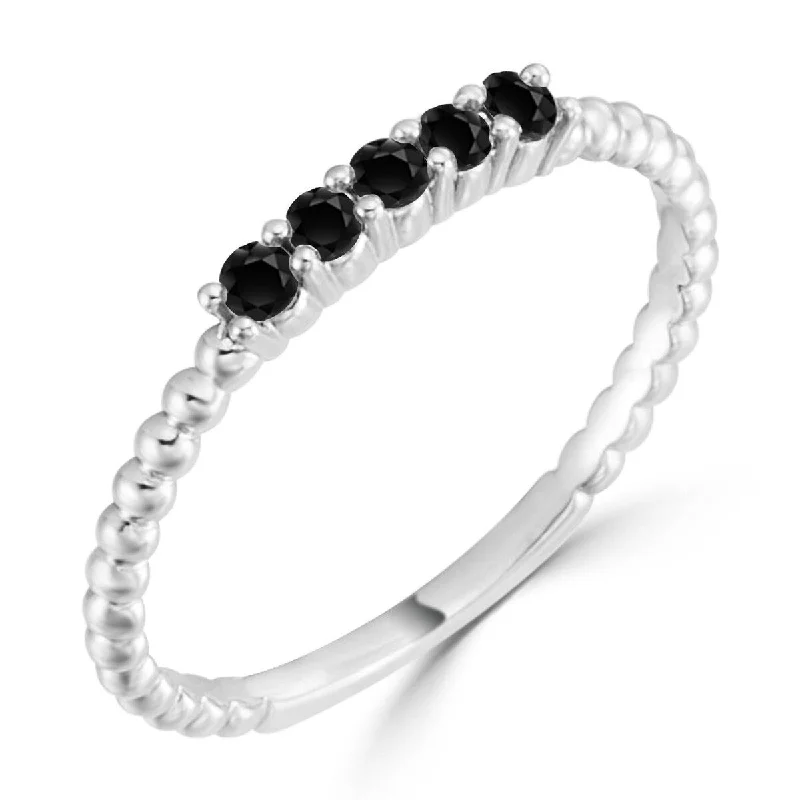 six-gem ring-Auriya 10k Gold 1/6ctw Ultra-thin Beaded Black Diamond Wedding Band Stackable