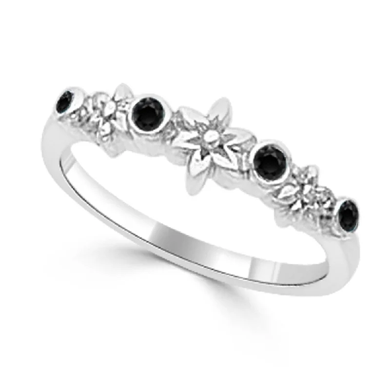 stretchable gold ring-Auriya Stackable Flower Carved Accent Black Diamond Ring 1/10ct TDW 10K Gold