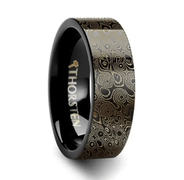 sci-fi twilight ring-Circular Damascus Steel Engraved Pattern Black Tungsten Engraved Ring - 8mm