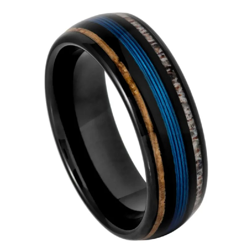 narrow promise ring-Black IP Domed Tungsten Ring with Koa Wood, Blue Wire & Deer Antler Inlays – 8mm