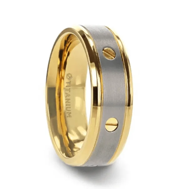 carved gemstone ring-BOUNDLESS Gold-Plated Titanium Flat Brushed Center Screw Design And Beveled Edges - 8mm