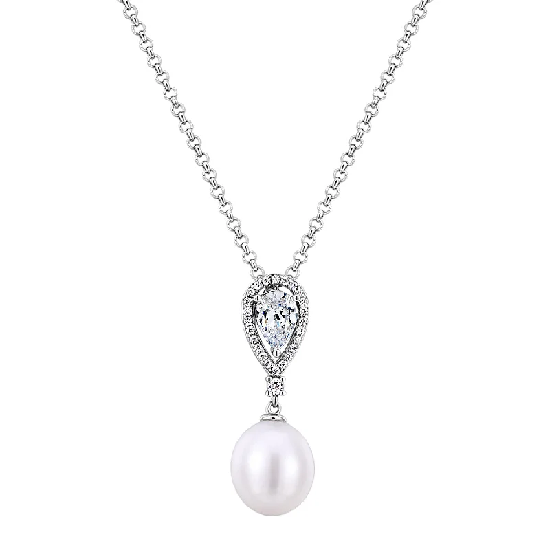 wave-shaped chain necklace-Cultured freshwater pearl drop necklace in sterling silver