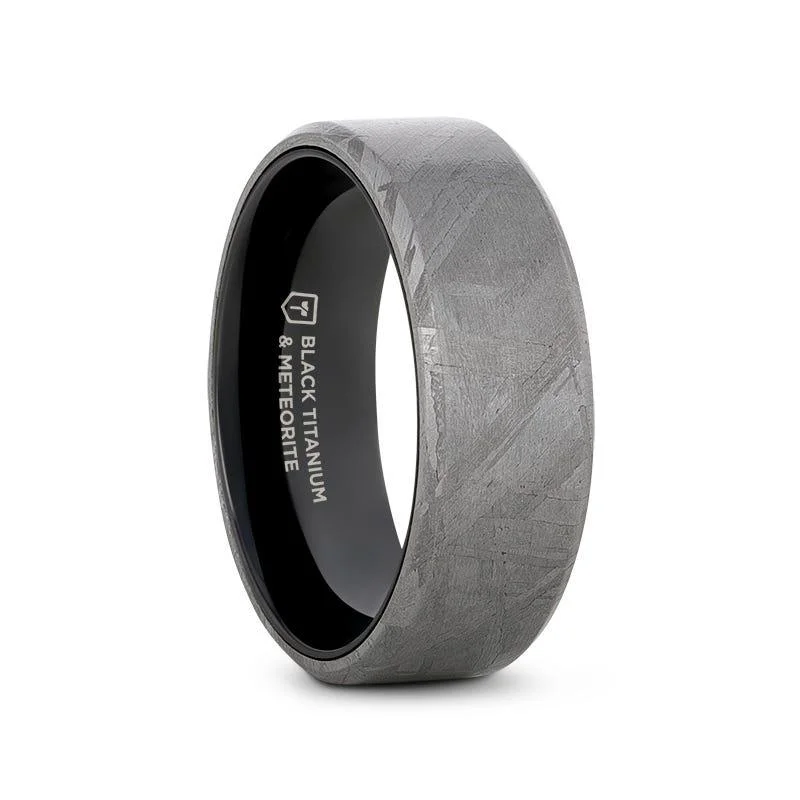 rose gold helix ring-DIEMOS Flat Black Titanium Ring with Meteorite and Beveled Edges - 8mm