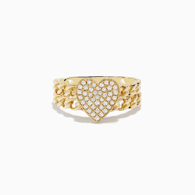 baroque silver ring-Novelty 14K Yellow Gold Pave Diamond Heart Chain Link Ring