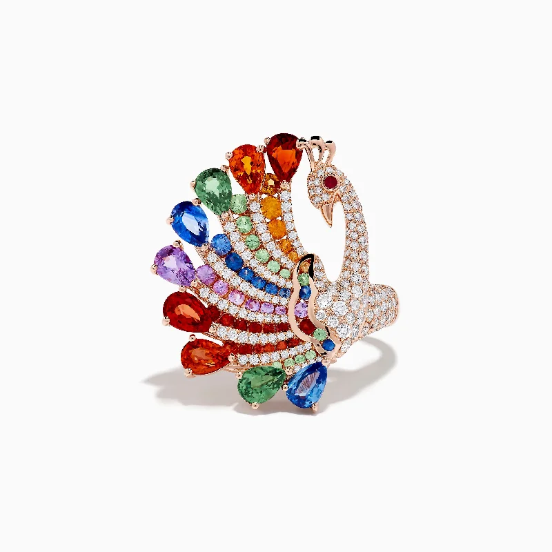 twisted silver ring-Safari 14K Rose Gold Multi Sapphire Peacock Ring