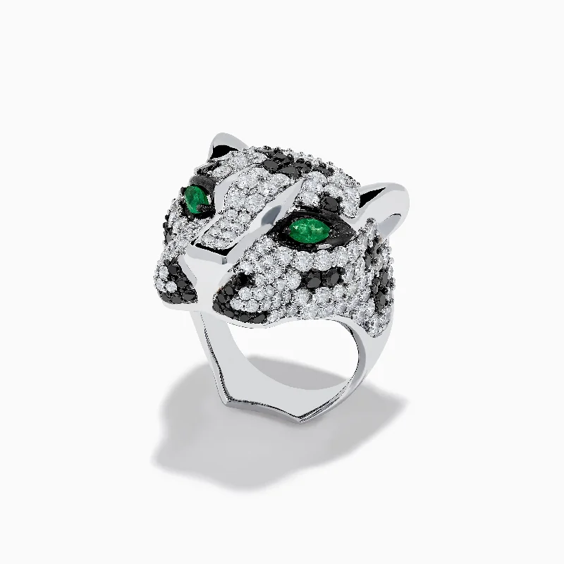 stretchable promise ring-Signature Panther Head 14K White Gold Diamond & Emerald Ring