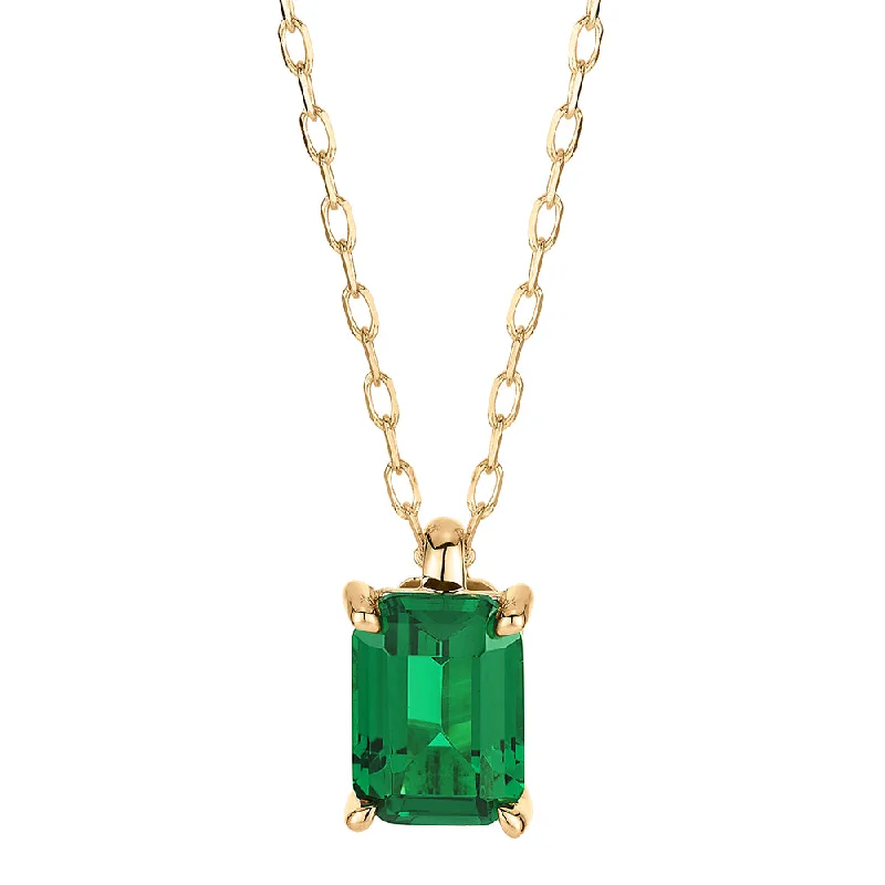 tendril pendant necklace-Emerald Cut solitaire pendant with emerald simulant in 10 carat yellow gold