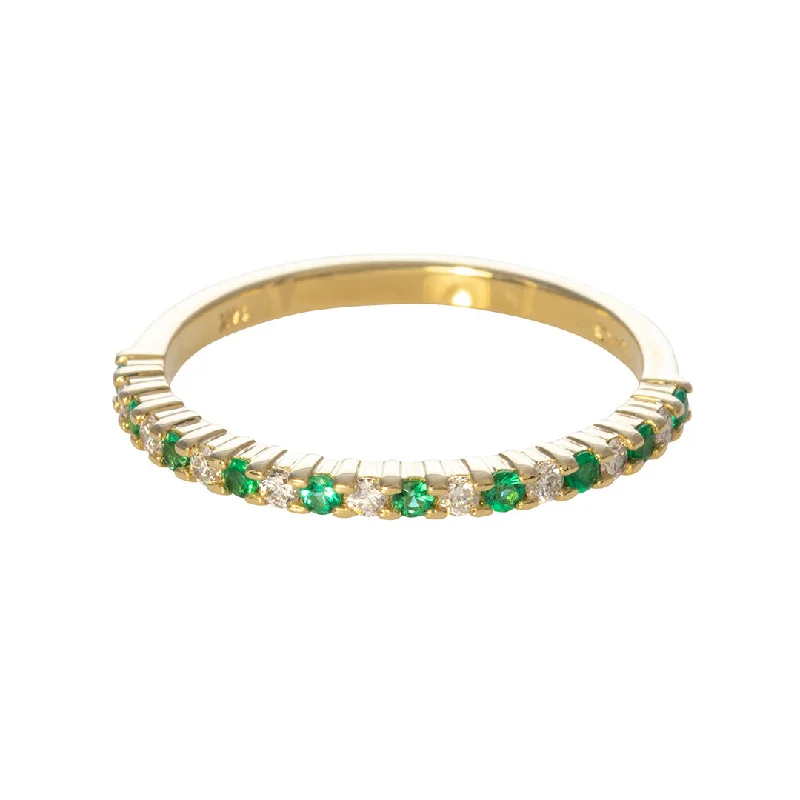 carved wedding ring-Emerald & Diamond Halfway 14K Yellow Gold Band