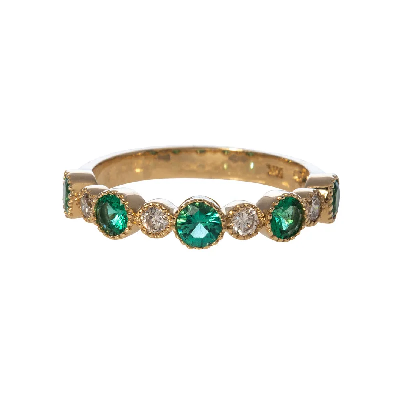 wave promise ring-Emerald & Diamond Milgrain 14K Yellow Gold Halfway Band