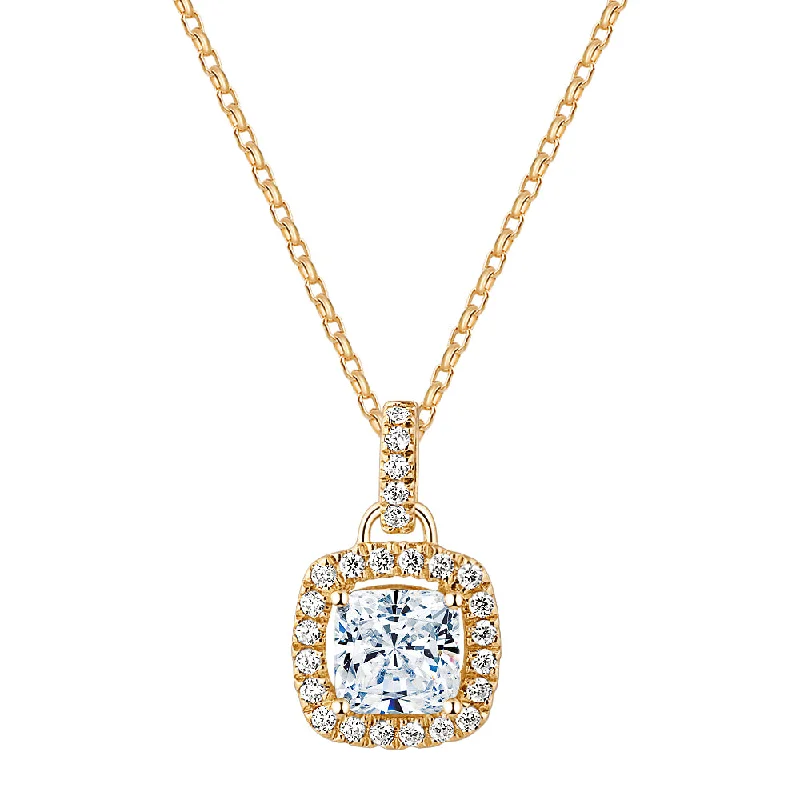 elegant lattice necklace-Halo pendant with 1.85 carats* of diamond simulants in 10 carat yellow gold