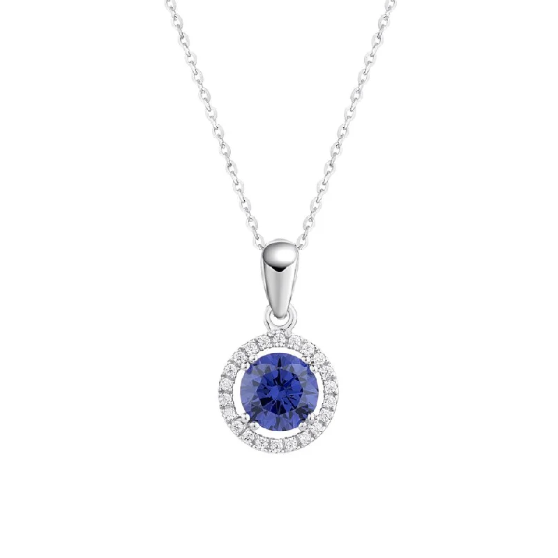 pearl twisted necklace-Halo pendant with tanzanite simulant and 1.13 carats* of diamond simulants in 10 carat white gold