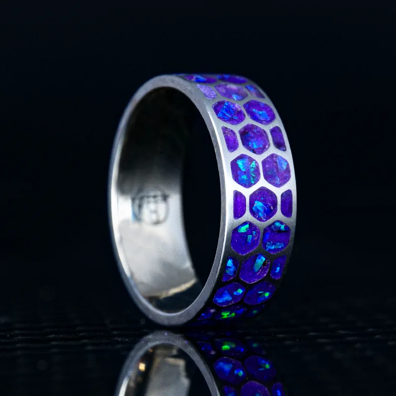 duo-tone promise ring-Hexagon Lavender Opal Glowstone Ring on Titanium