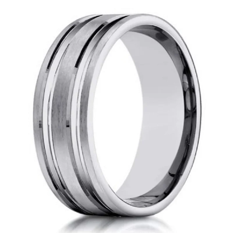 etched name ring-Designer 10K White Gold Wedding Band With Polished Cuts | 6mm