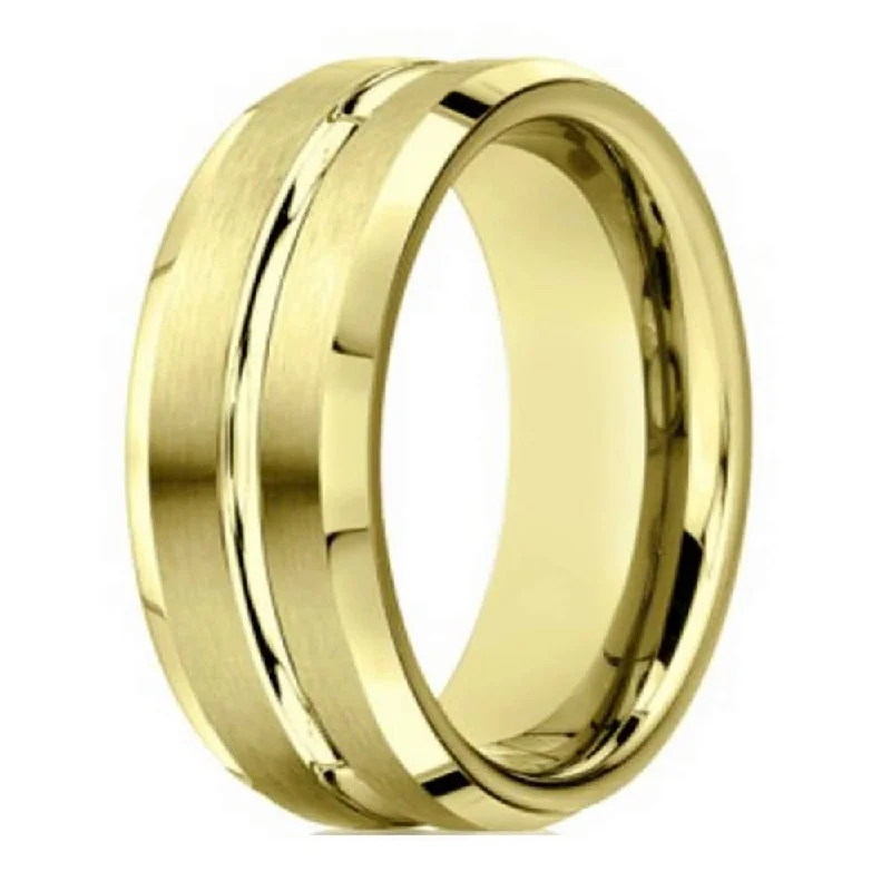 wave-shaped ring-Designer Men's 10K Yellow Gold Ring With Polished Center Cut | 6mm