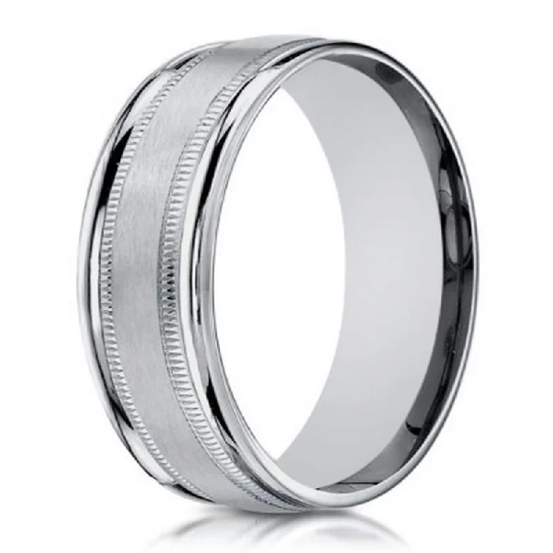 six-gem ring-Designer 10K White Gold Wedding Ring With Milgrain Lines | 6mm