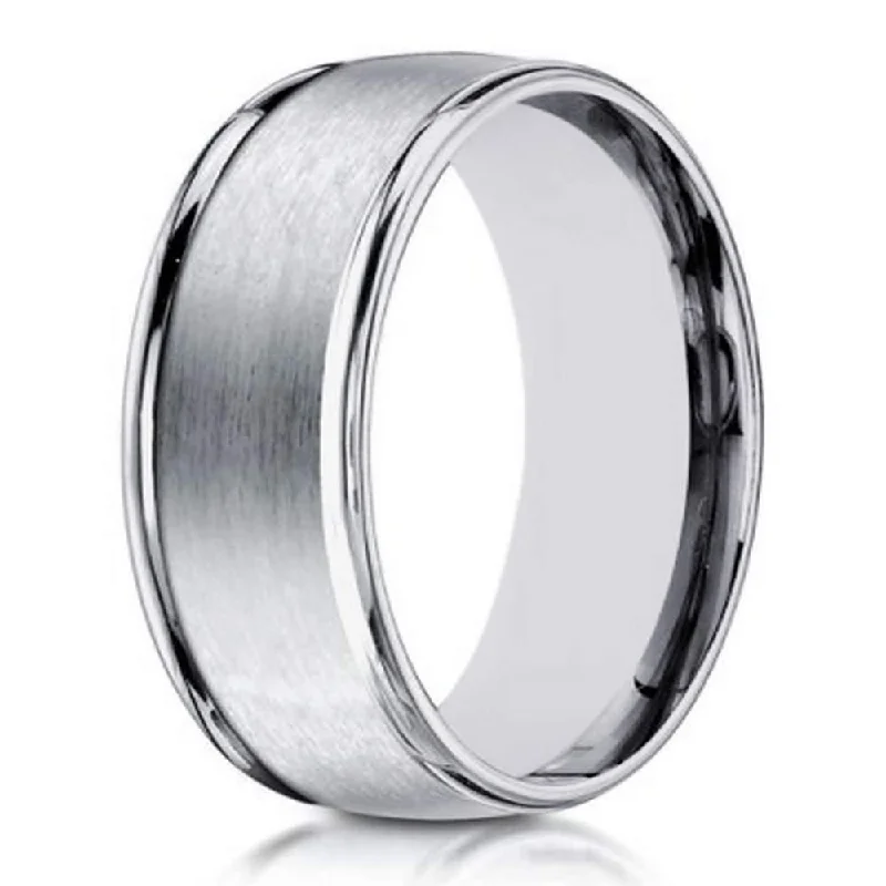 weathered silver ring-Designer 10K White Gold Wedding Ring With Polished Edges | 8mm