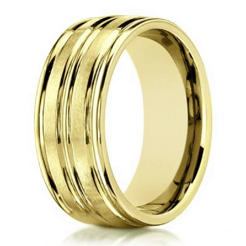 ribbed silver ring-Designer 10K Yellow Gold Wedding Ring With Polished Cuts | 8mm