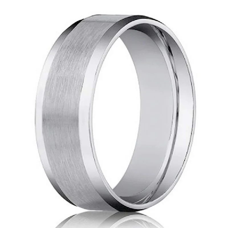 wave-shaped eternity ring-8mm Men's Beveled Edge Satin Finish Comfort Fit 14KW Wedding Band