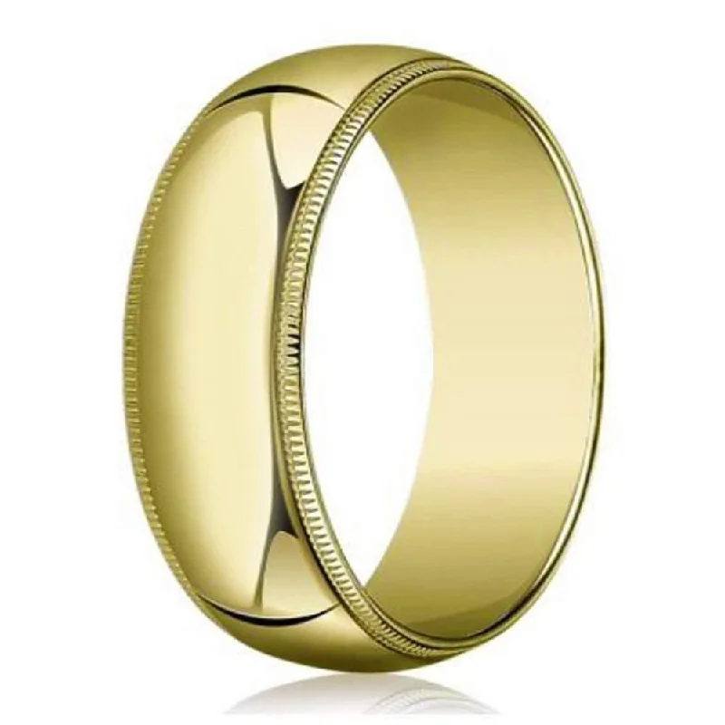 stretchable gold ring-Designer 8 mm Traditional Fit Milgrain 10K Yellow Gold Wedding Band