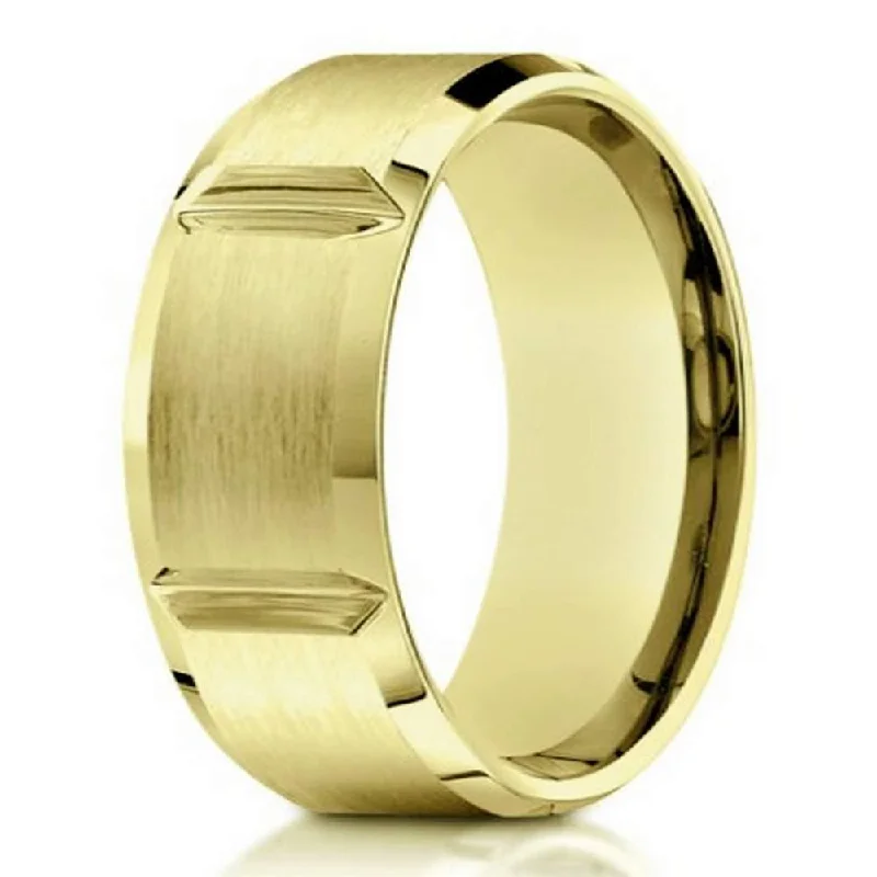 vine-inspired band ring-8mm Yellow Gold Men's Designer Wedding Band in 14k with Grooves