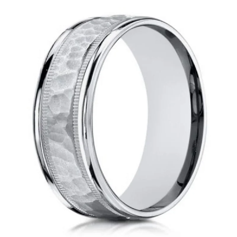 weathered statement ring-8mm Designer Men's 14k White Gold Ring with Hammered Detail