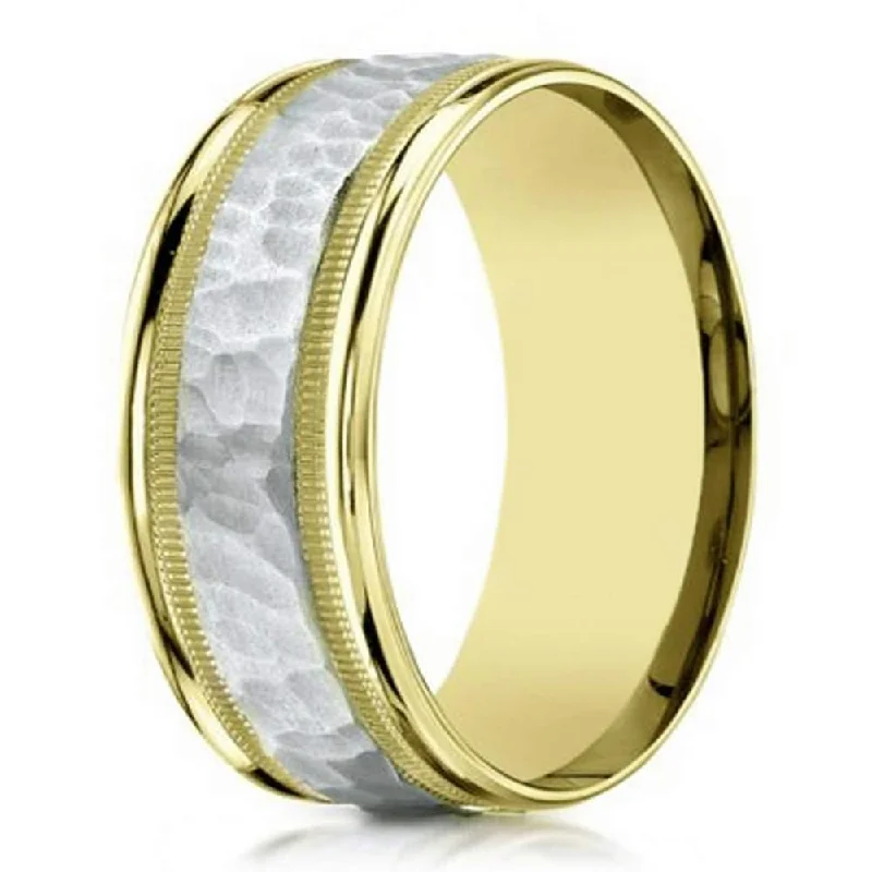 tendril eternity ring-8mm Men's Two Tone 14k W&Y Gold Hammered Center Wedding Ring