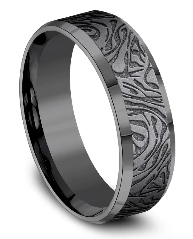 duo-tone promise ring-Benchmark Black Tantalum Mokume Pattern Comfort Fit Band-7mm