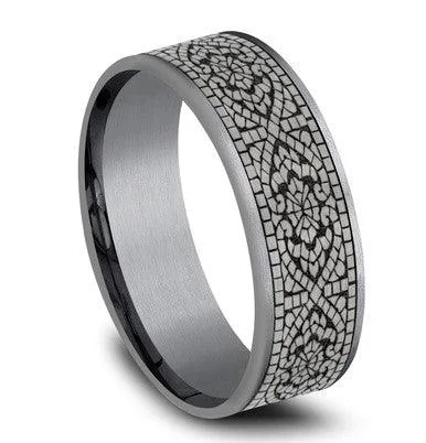 mini initial ring-Benchmark Tantalum and Black Titanium Mosaic Pattern -7.5mm