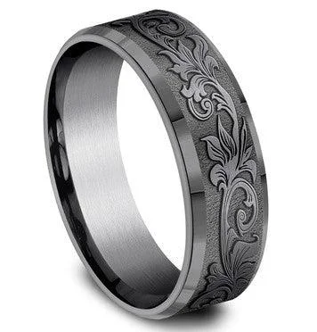 coral reef ring-Benchmark Dark Tantalum Vintage Script Pattern Beveled Edges