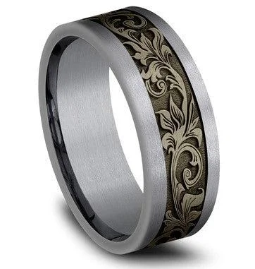 rover moon ring-Benchmark Tantalum and Bronze Vintage Script Pattern Straight Edges