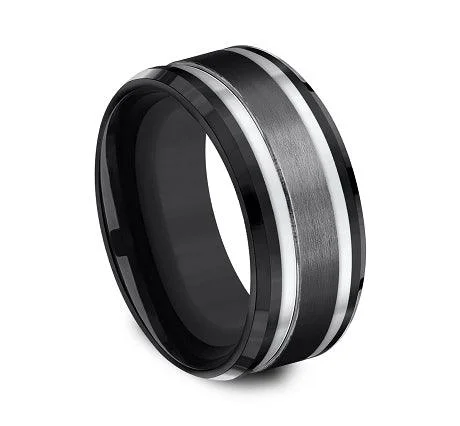 weathered gold ring-Black Titanium 9mm Comfort-fit Drop Beveled Edge Satin Finish Center Design Ring