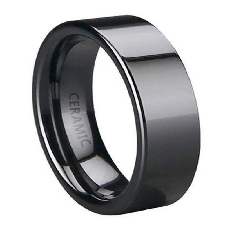 carved silver ring-Men's Black Ceramic Band Flat Profile and Glossy Finish | 6mm