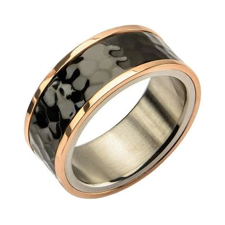 wave gemstone ring-Stainless Steel Tri-Tone Hammered Finish Ring-11mm