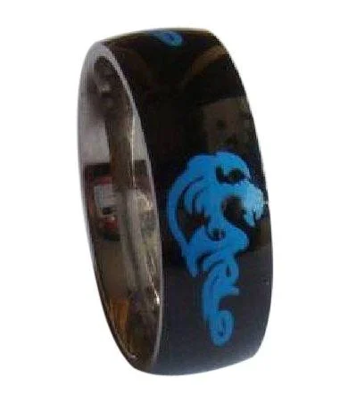 arched stacking ring-Black Stainless Steel Ring With Blue Dragon Design-8mm