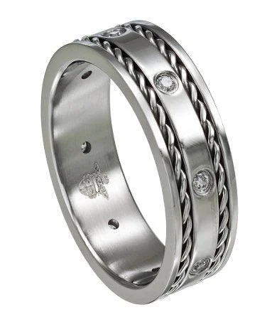 rugged silver ring-Stainless Steel Wedding Band with CZ's and Woven Edging-8mm