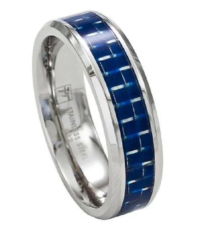 narrow birthstone ring-Men's Stainless Steel Wedding Band with Blue Carbon Fiber Inlay | 7mm