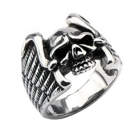 vintage-style promise ring-Men's Stainless Steel Black Oxidized Skull with Wings Ring -38mm