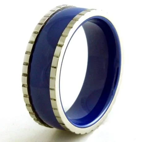 weathered silver band ring-Stainless Steel Ceramic Royal Blue Ring With Block Edges-8mm